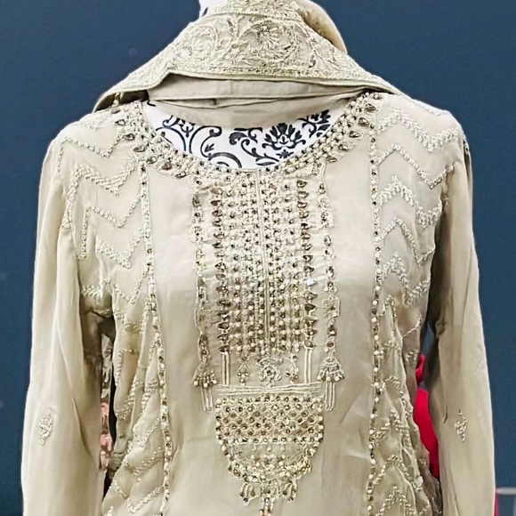 3-Piece Embroidered Crinkle Shirt With Embroidered Dupatta And Sharara Suit Dark - Picture 1 of 3